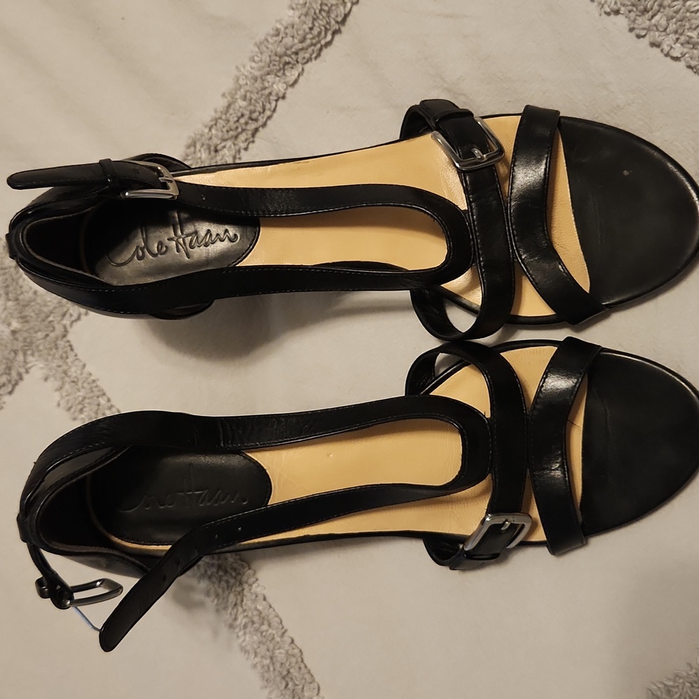 Cole Haan Black Leather Strappy Heeled Sandals
